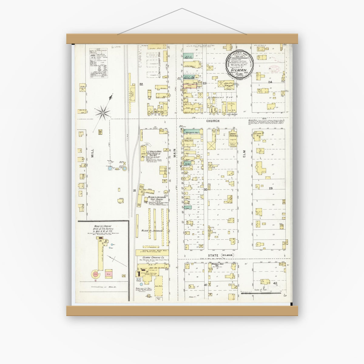 Old map wall art mockup — magnetic wood frame on white wall — Sanborn Fire Insurance Map from Gilman, Marshall County, Iowa (1895), Sheet #0001