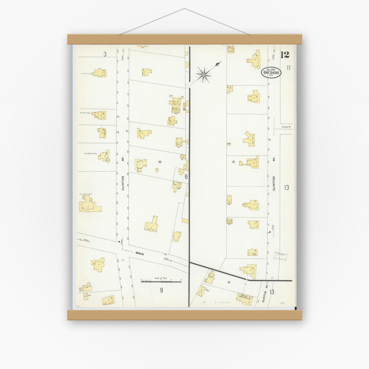 Old map wall art mockup — magnetic wood frame on white wall — Sanborn Fire Insurance Map from Bay Shore, Suffolk County, New York (1909), Sheet #0012