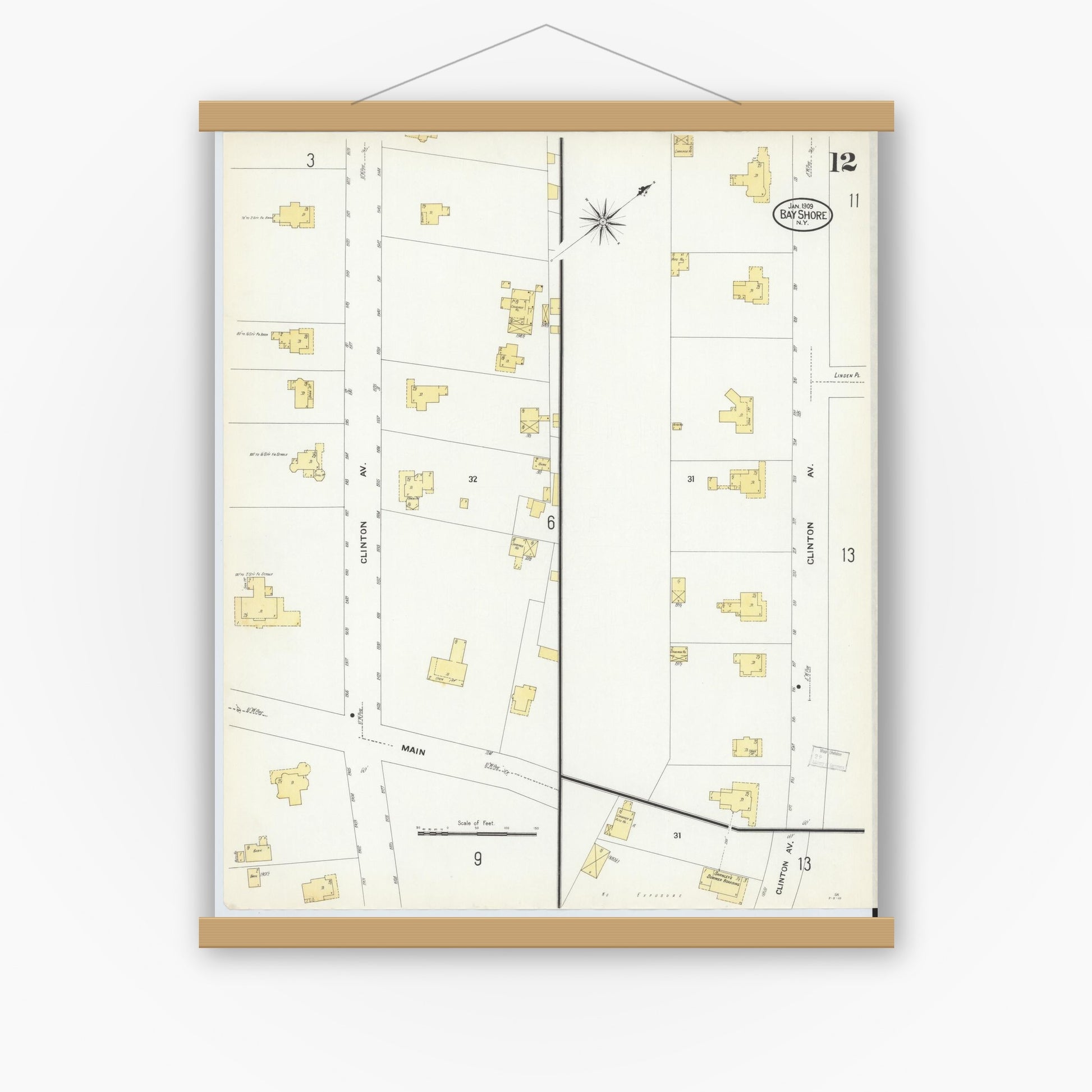 Old map wall art mockup — magnetic wood frame on white wall — Sanborn Fire Insurance Map from Bay Shore, Suffolk County, New York (1909), Sheet #0012