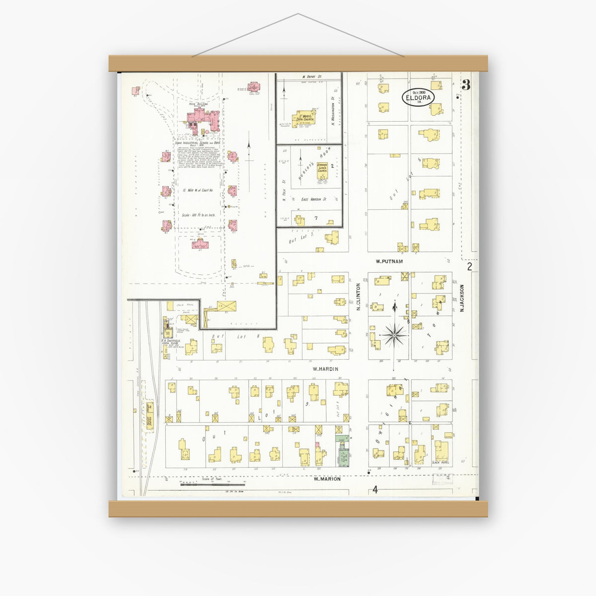 Old map wall art mockup — magnetic wood frame on white wall — Sanborn Fire Insurance Map from Eldora, Hardin County, Iowa (1900), Sheet #0003