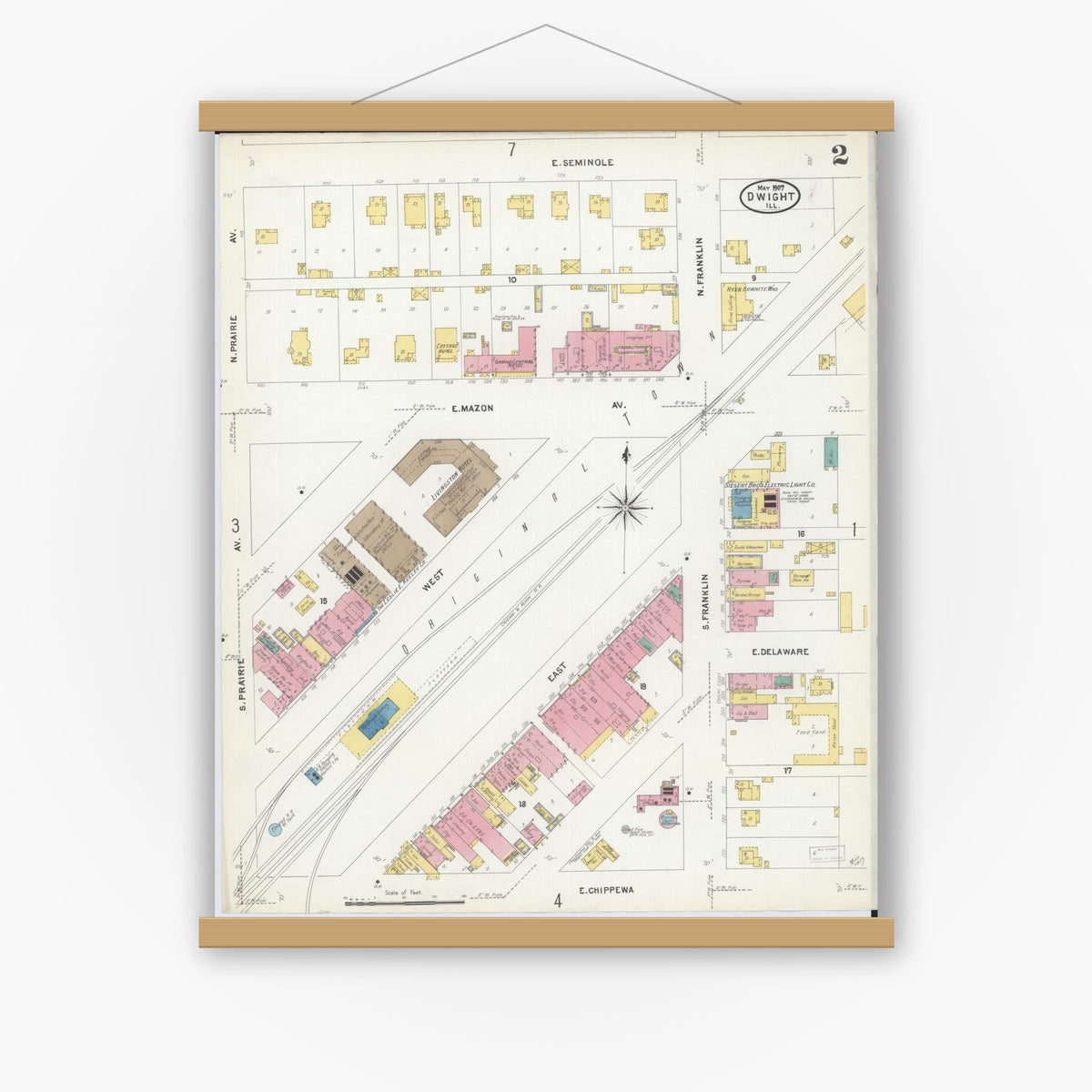 Old map wall art mockup — magnetic wood frame on white wall — Sanborn Fire Insurance Map from Dwight, Livingston County, Illinois (1907), Sheet #0002