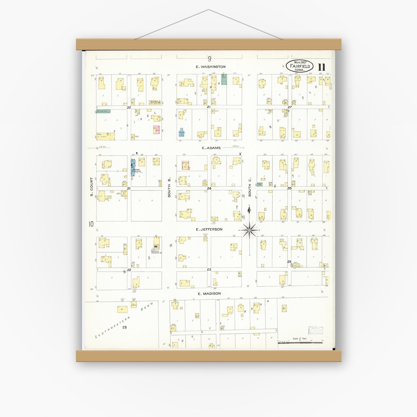 Old map wall art mockup — magnetic wood frame on white wall — Sanborn Fire Insurance Map from Fairfield, Jefferson County, Iowa (1907), Sheet #0011