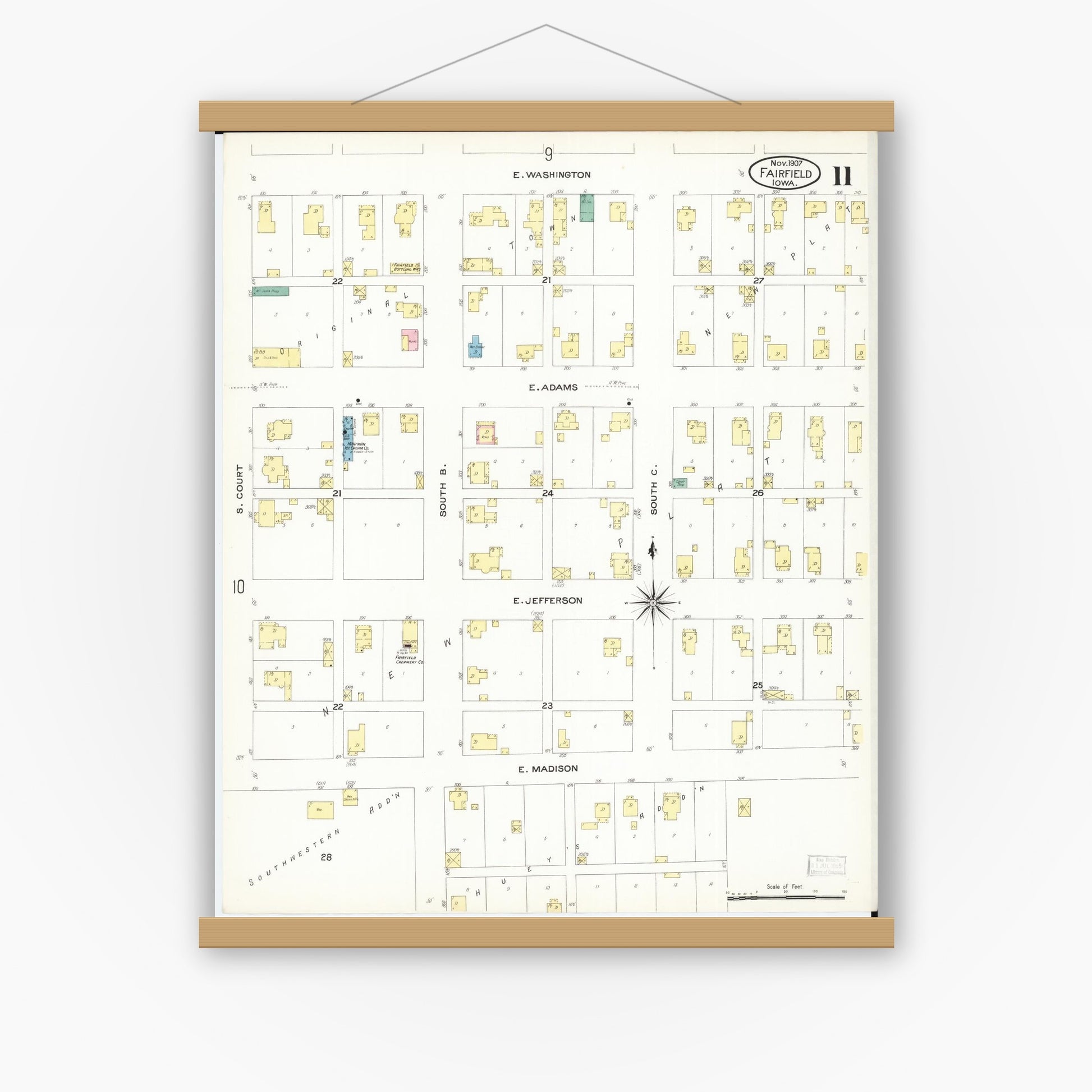 Old map wall art mockup — magnetic wood frame on white wall — Sanborn Fire Insurance Map from Fairfield, Jefferson County, Iowa (1907), Sheet #0011