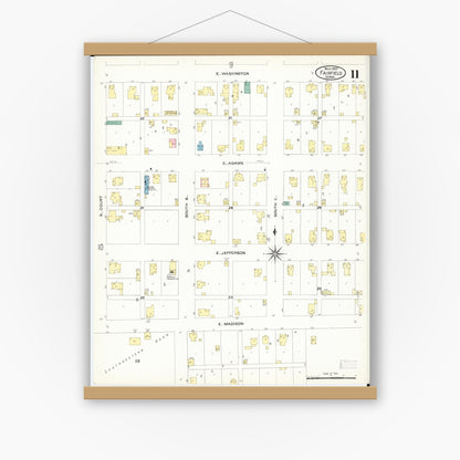 Old map wall art mockup — magnetic wood frame on white wall — Sanborn Fire Insurance Map from Fairfield, Jefferson County, Iowa (1907), Sheet #0011