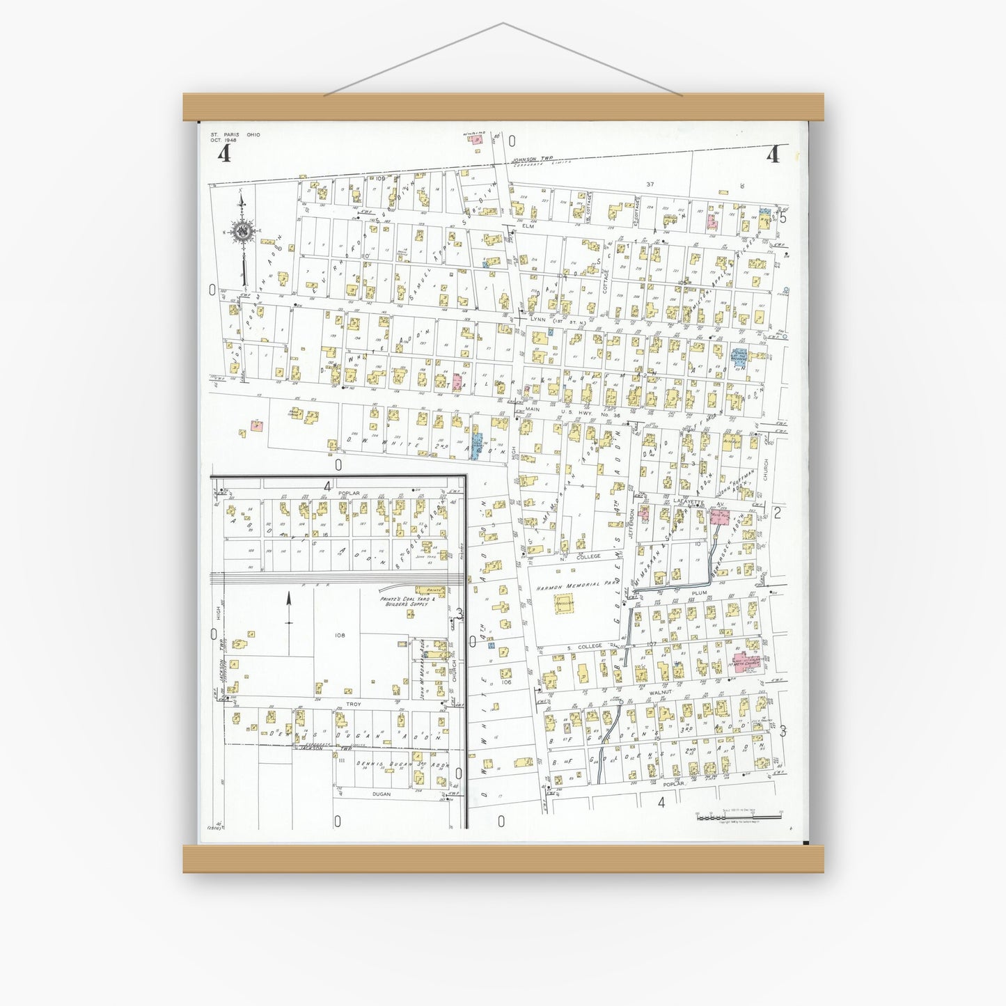 Old map wall art mockup — magnetic wood frame on white wall — Sanborn Fire Insurance Map from Saint Paris, Champaign County, Ohio (1948), Sheet #0004