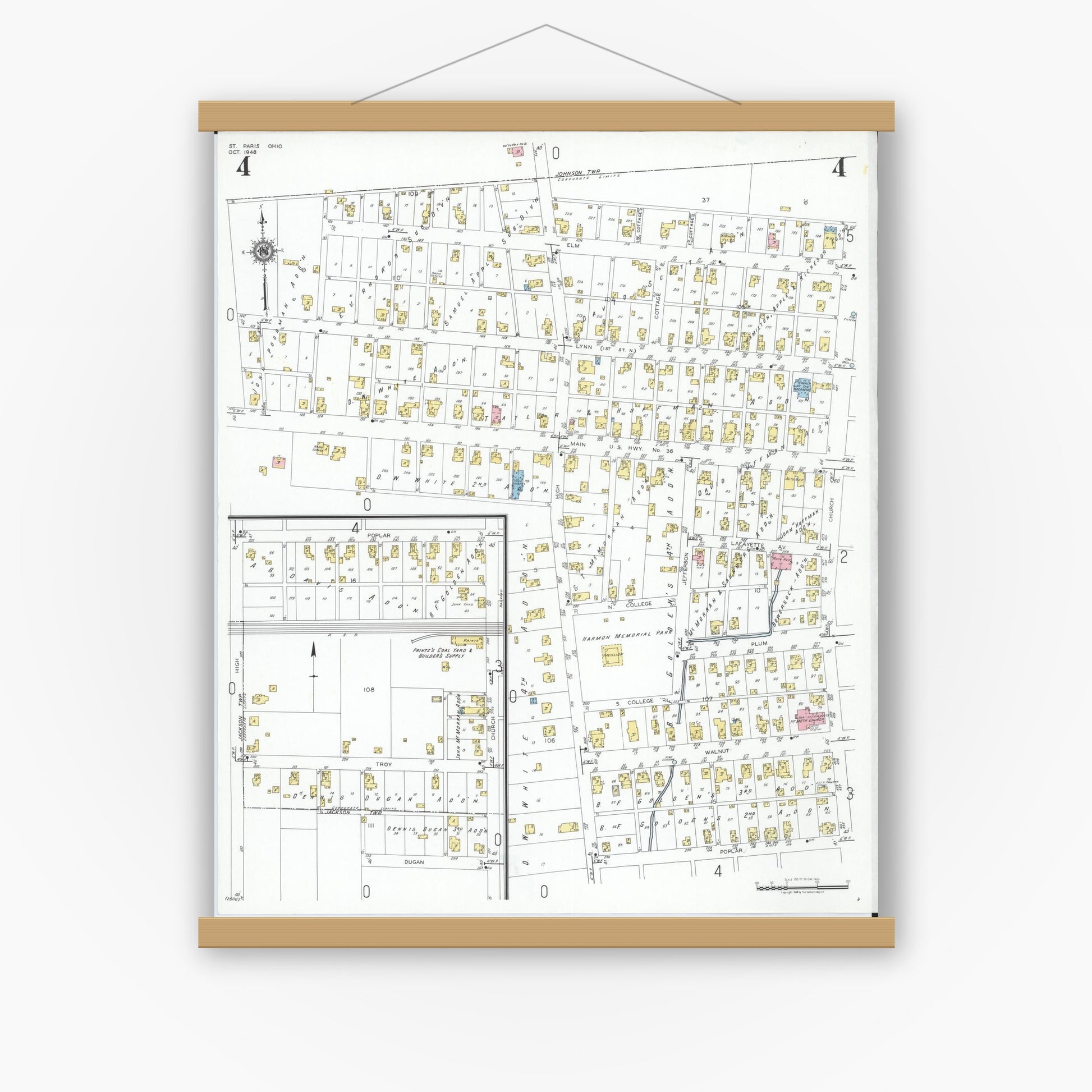 Old map wall art mockup — magnetic wood frame on white wall — Sanborn Fire Insurance Map from Saint Paris, Champaign County, Ohio (1948), Sheet #0004