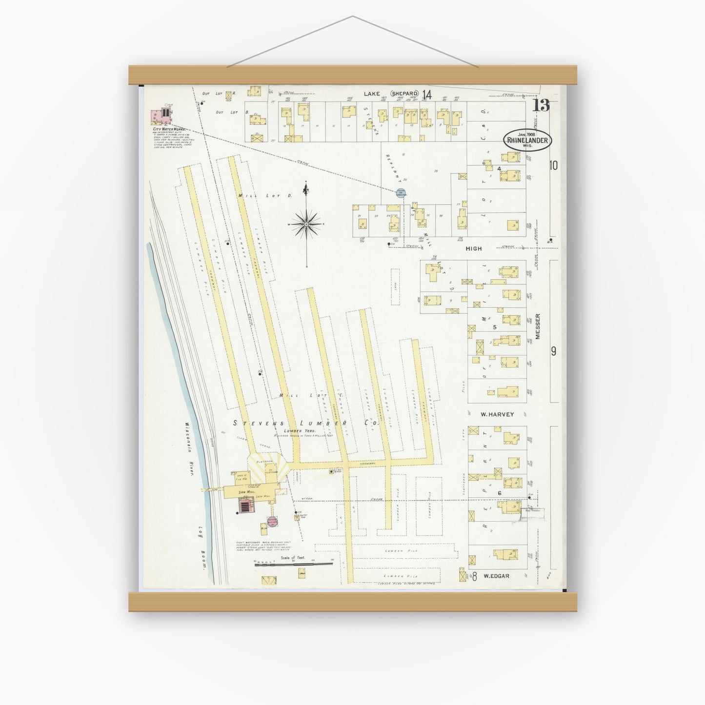 Old map wall art mockup — magnetic wood frame on white wall — Sanborn Fire Insurance Map from Rhinelander, Oneida County, Wisconsin (1908), Sheet #0013