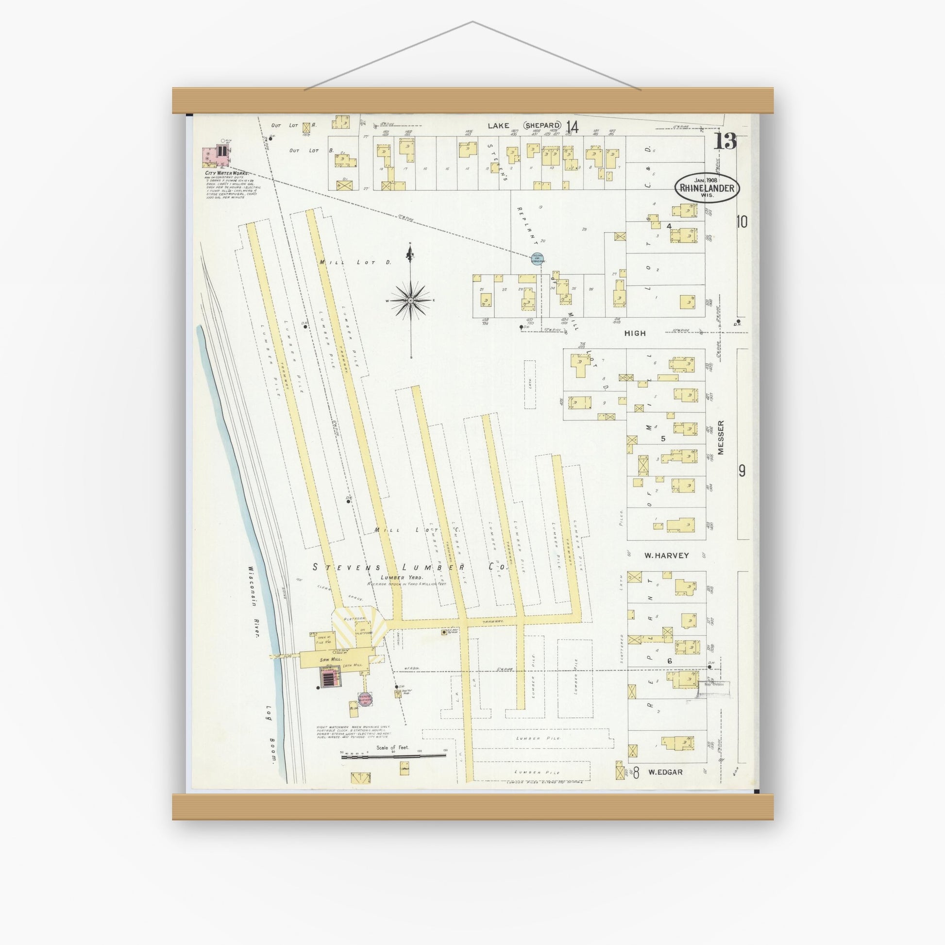 Old map wall art mockup — magnetic wood frame on white wall — Sanborn Fire Insurance Map from Rhinelander, Oneida County, Wisconsin (1908), Sheet #0013