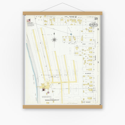Old map wall art mockup — magnetic wood frame on white wall — Sanborn Fire Insurance Map from Rhinelander, Oneida County, Wisconsin (1908), Sheet #0013