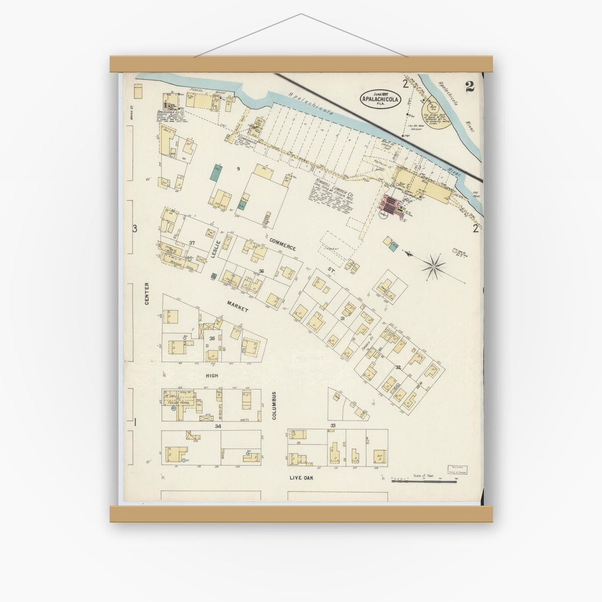 Old map wall art mockup — magnetic wood frame on white wall — Sanborn Fire Insurance Map from Apalachicola, Franklin County, Florida (1897), Sheet #0002