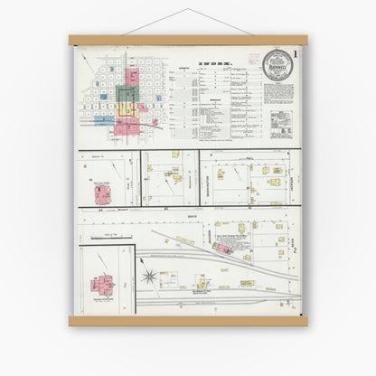 Old map wall art mockup — magnetic wood frame on white wall — Sanborn Fire Insurance Map from Bushnell, Mcdonough County, Illinois (1906) - Complete Map Set