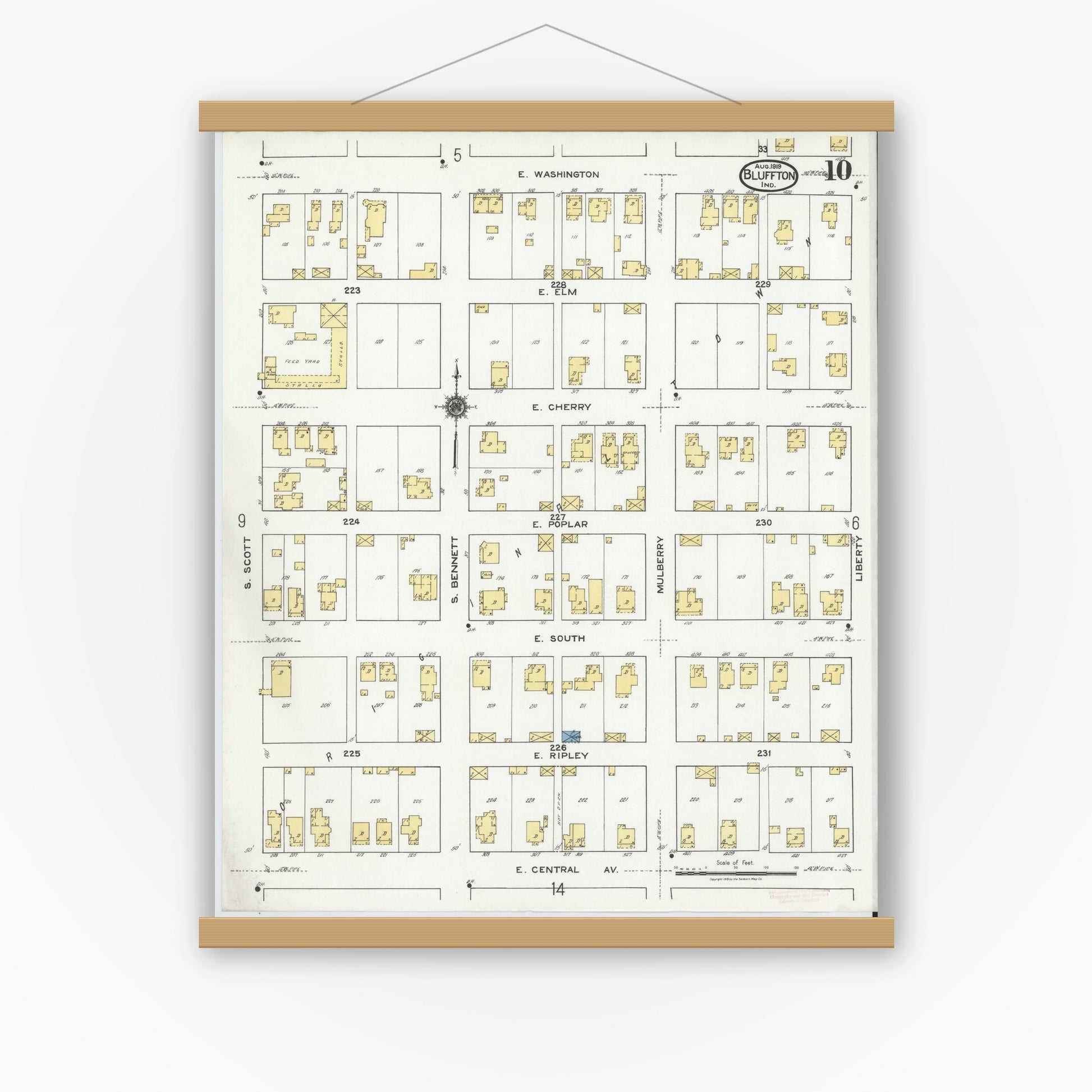 Old map wall art mockup — magnetic wood frame on white wall — Sanborn Fire Insurance Map from Bluffton, Wells County, Indiana (1919), Sheet #0010