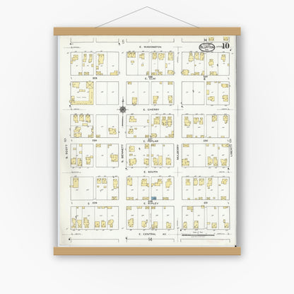 Old map wall art mockup — magnetic wood frame on white wall — Sanborn Fire Insurance Map from Bluffton, Wells County, Indiana (1919), Sheet #0010