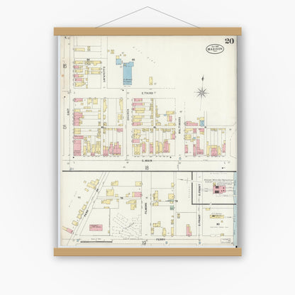 Old map wall art mockup — magnetic wood frame on white wall — Sanborn Fire Insurance Map from Madison, Jefferson County, Indiana (1897), Sheet #0020