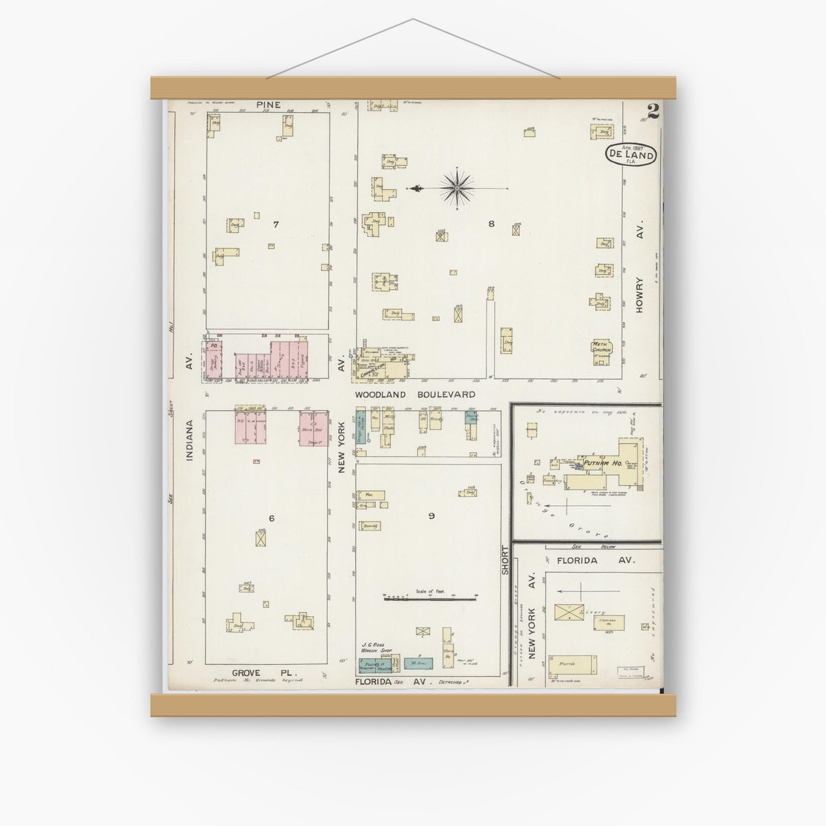 Old map wall art mockup — magnetic wood frame on white wall — Sanborn Fire Insurance Map from De Land, Volusia County, Florida (1887), Sheet #0002
