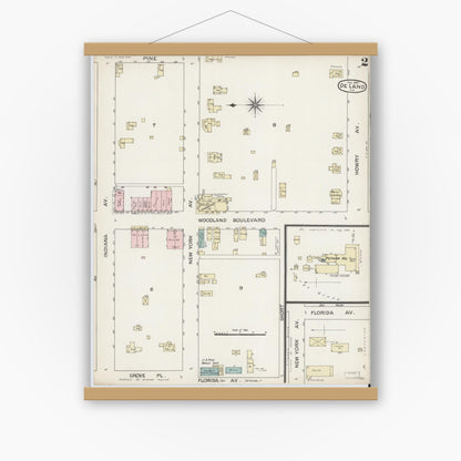 Old map wall art mockup — magnetic wood frame on white wall — Sanborn Fire Insurance Map from De Land, Volusia County, Florida (1887), Sheet #0002