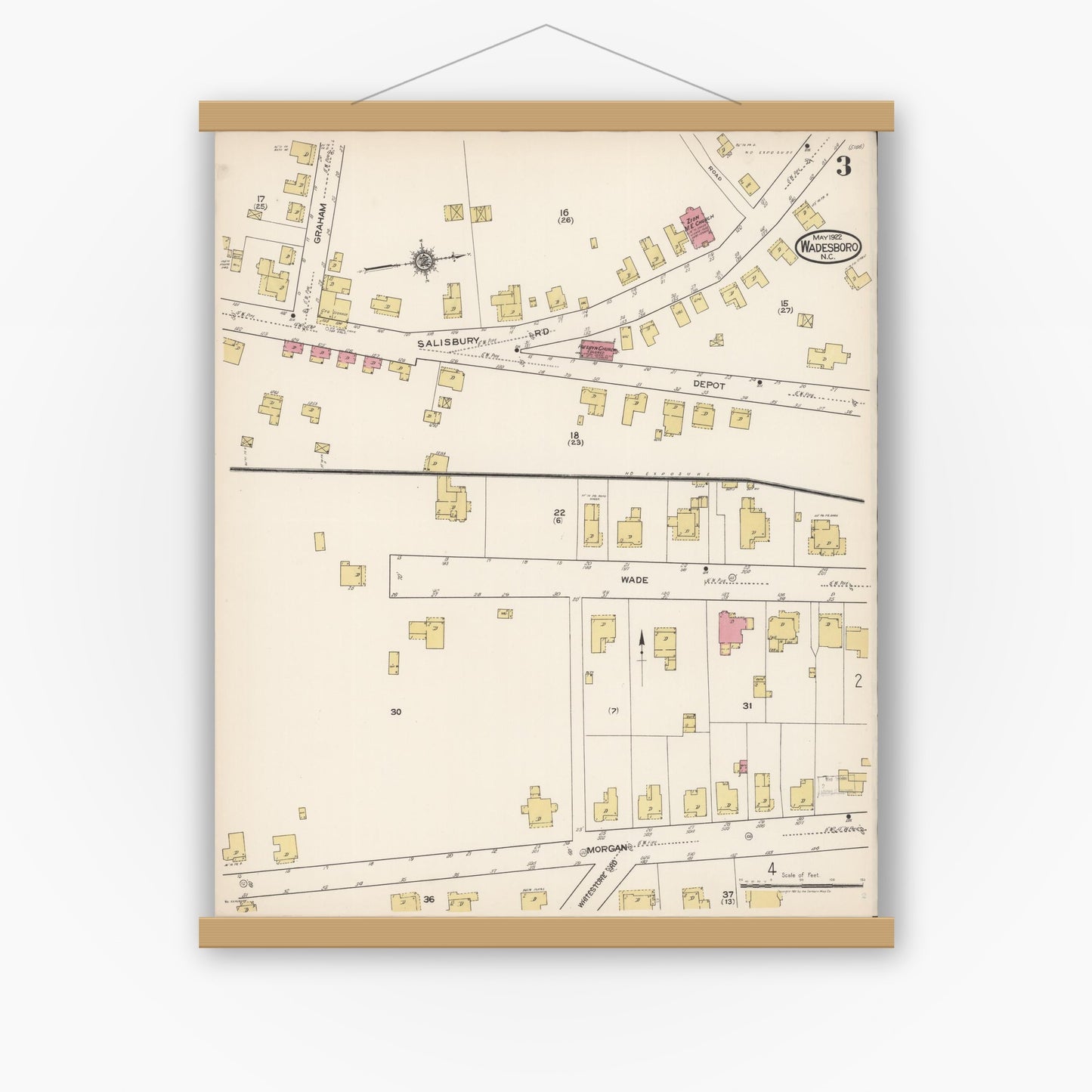 Old map wall art mockup — magnetic wood frame on white wall — Sanborn Fire Insurance Map from Wadesboro, Anson County, North Carolina (1922), Sheet #0003