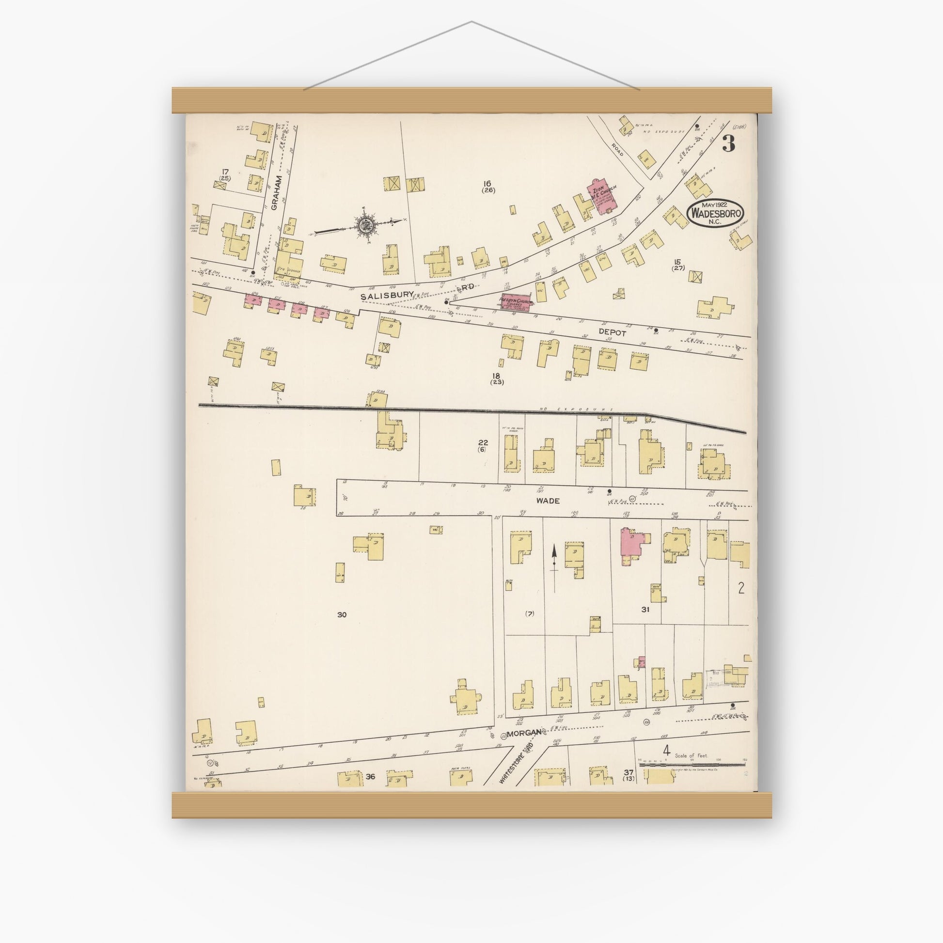 Old map wall art mockup — magnetic wood frame on white wall — Sanborn Fire Insurance Map from Wadesboro, Anson County, North Carolina (1922), Sheet #0003