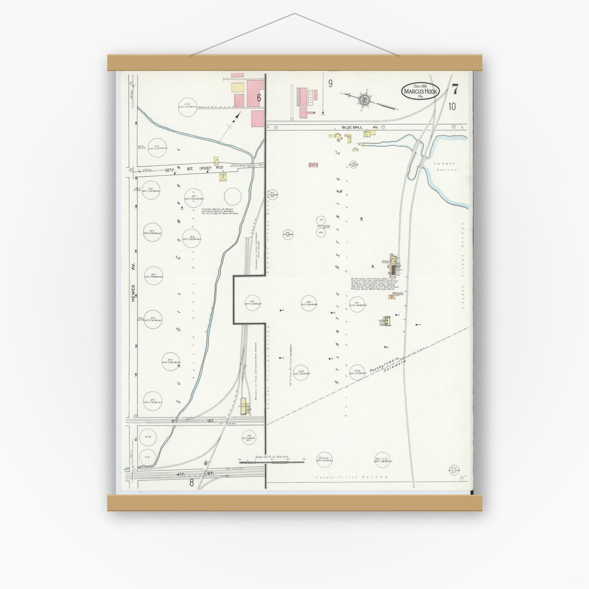 Old map wall art mockup — magnetic wood frame on white wall — Sanborn Fire Insurance Map from Marcus Hook, Chester County, Pennsylvania (1912), Sheet #0007