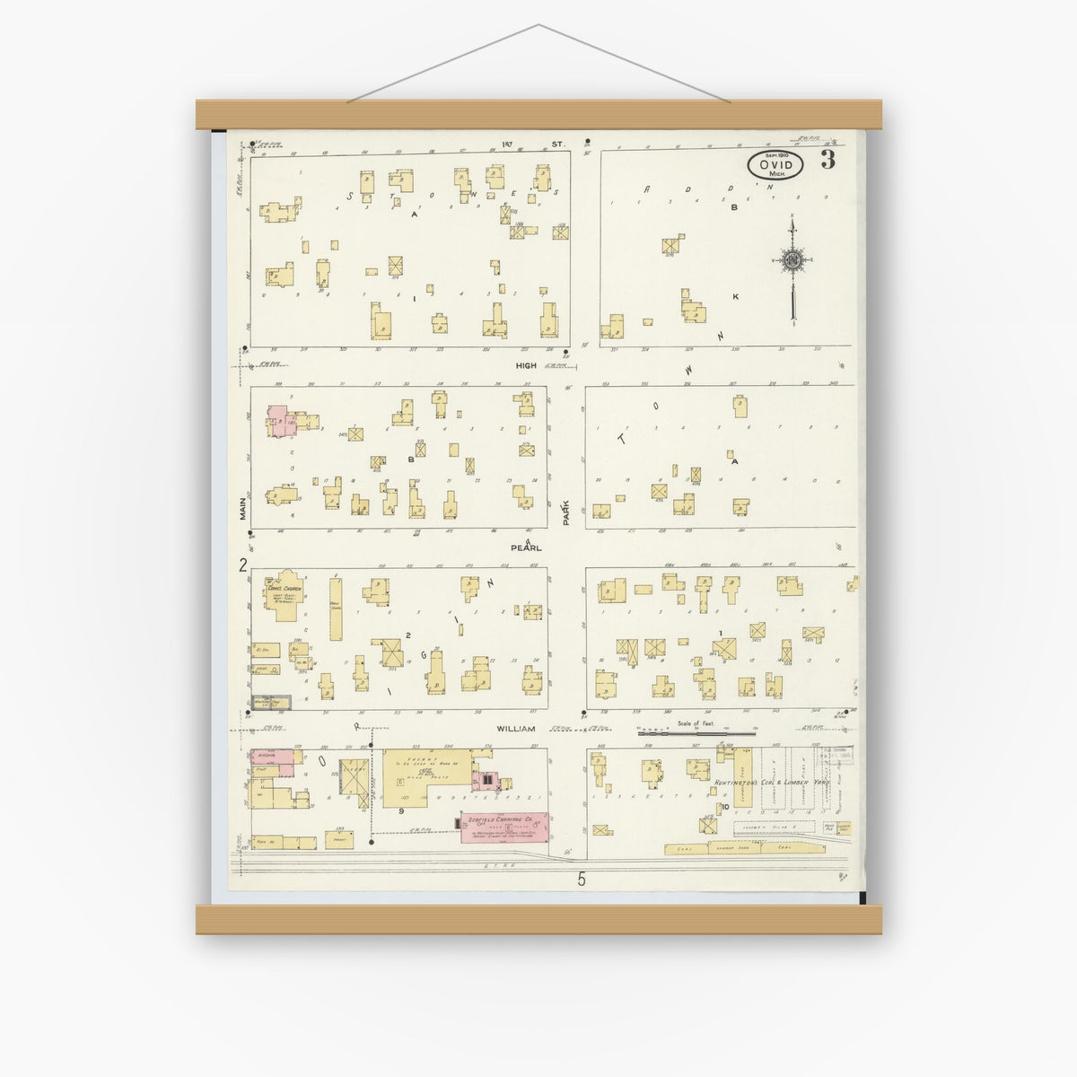 Old map wall art mockup — magnetic wood frame on white wall — Sanborn Fire Insurance Map from Ovid, Clinton County, Michigan (1910), Sheet #0003