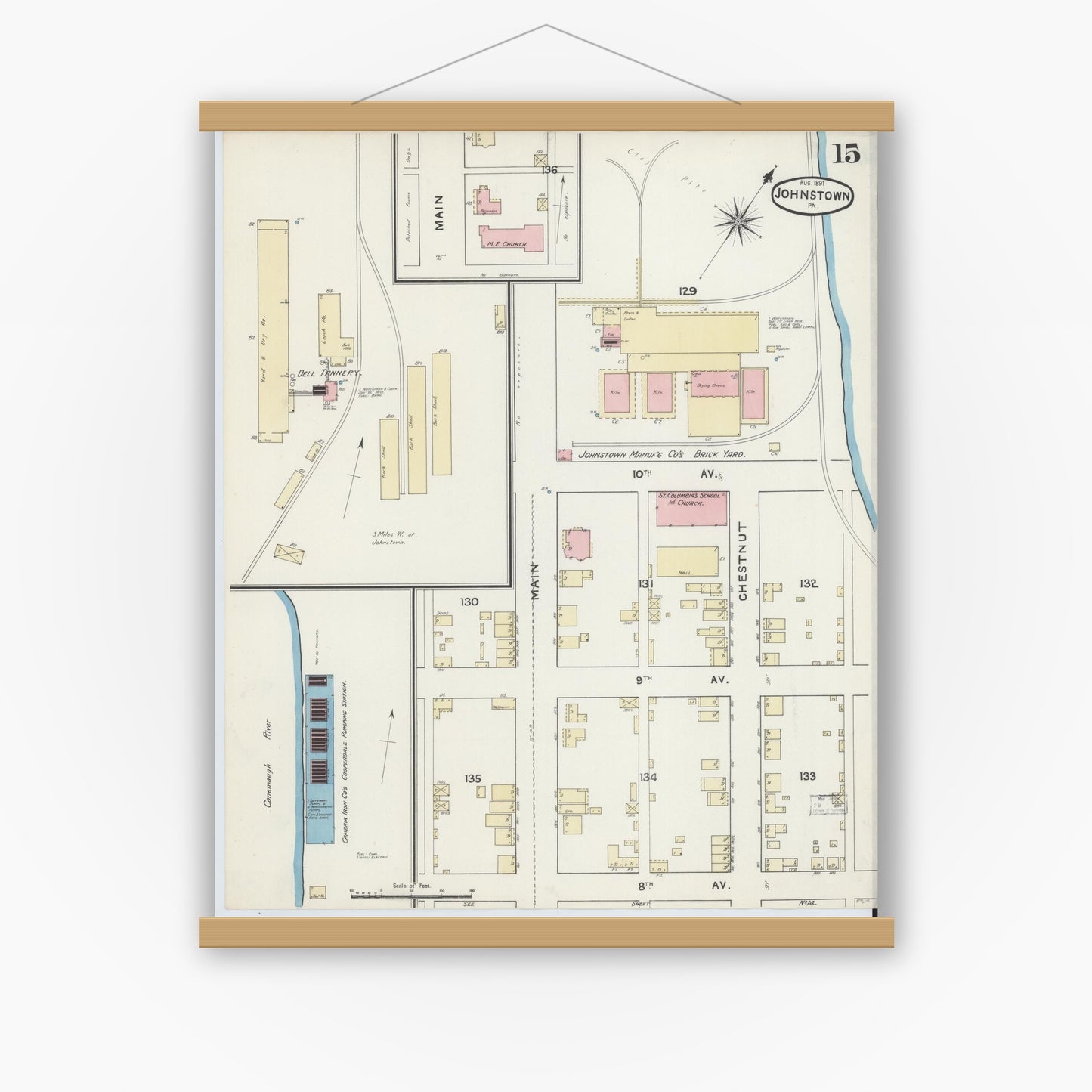 Old map wall art mockup — magnetic wood frame on white wall — Sanborn Fire Insurance Map from Johnstown, Cambria County, Pennsylvania (1891), Sheet #0015