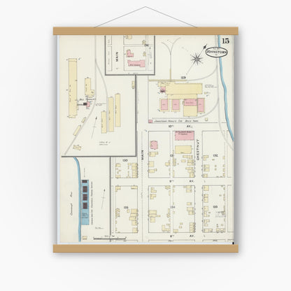 Old map wall art mockup — magnetic wood frame on white wall — Sanborn Fire Insurance Map from Johnstown, Cambria County, Pennsylvania (1891), Sheet #0015
