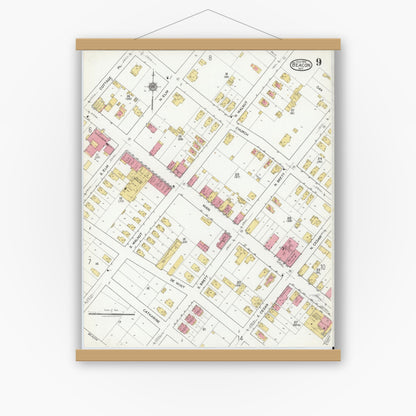 Old map wall art mockup — magnetic wood frame on white wall — Sanborn Fire Insurance Map from Beacon, Dutchess County, New York (1919), Sheet #0009