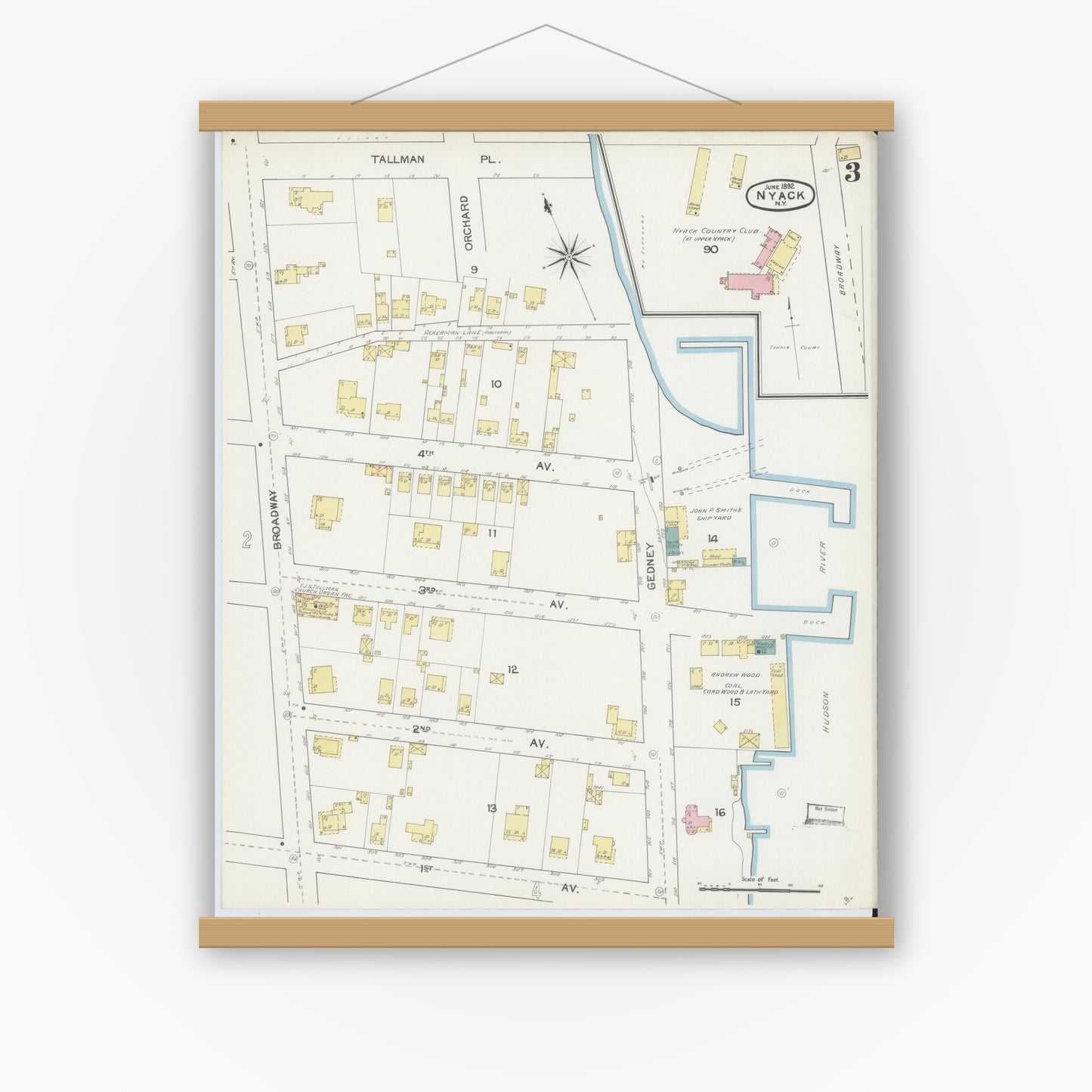 Old map wall art mockup — magnetic wood frame on white wall — Sanborn Fire Insurance Map from Nyack, Rockland County, New York. (1892), Sheet #0003