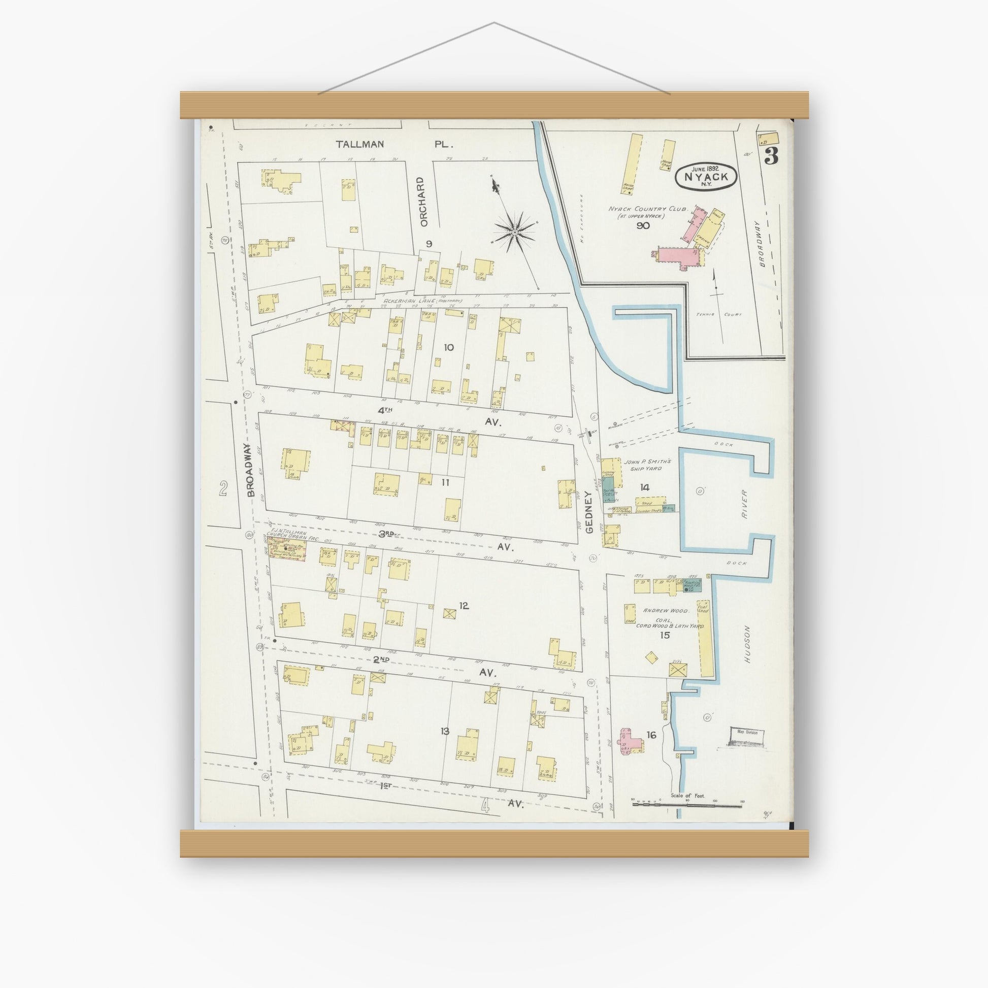 Old map wall art mockup — magnetic wood frame on white wall — Sanborn Fire Insurance Map from Nyack, Rockland County, New York. (1892), Sheet #0003