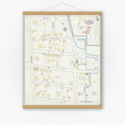 Old map wall art mockup — magnetic wood frame on white wall — Sanborn Fire Insurance Map from Nyack, Rockland County, New York. (1892), Sheet #0003