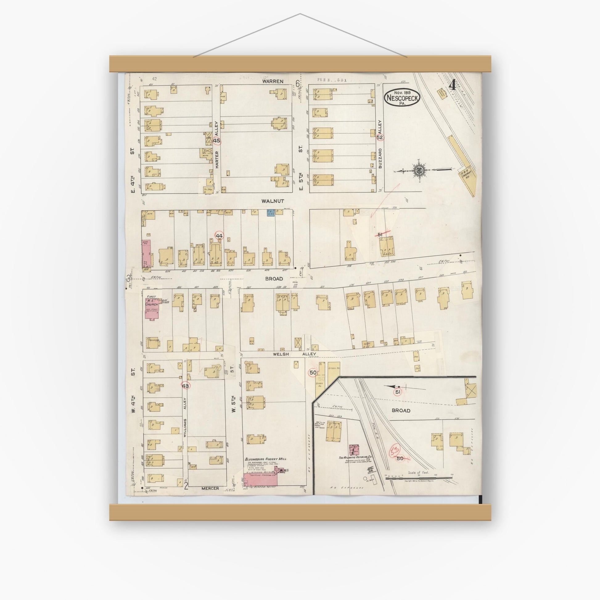 Old map wall art mockup — magnetic wood frame on white wall — Sanborn Fire Insurance Map from Nescopeck, Luzerne County, Pennsylvania (1936), Sheet #0004