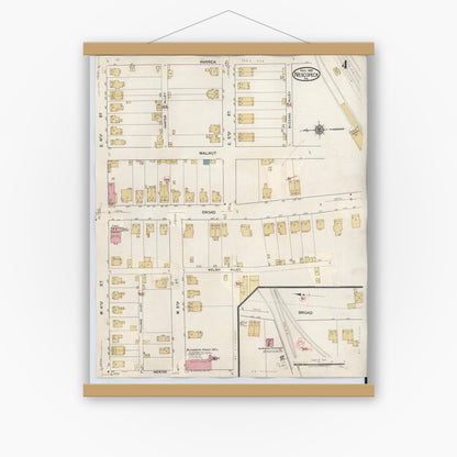 Old map wall art mockup — magnetic wood frame on white wall — Sanborn Fire Insurance Map from Nescopeck, Luzerne County, Pennsylvania (1936), Sheet #0004