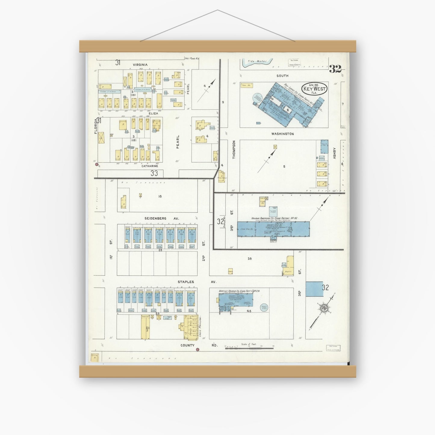 Old map wall art mockup — magnetic wood frame on white wall — Sanborn Fire Insurance Map from Key West, Monroe County, Florida (1912), Sheet #0032