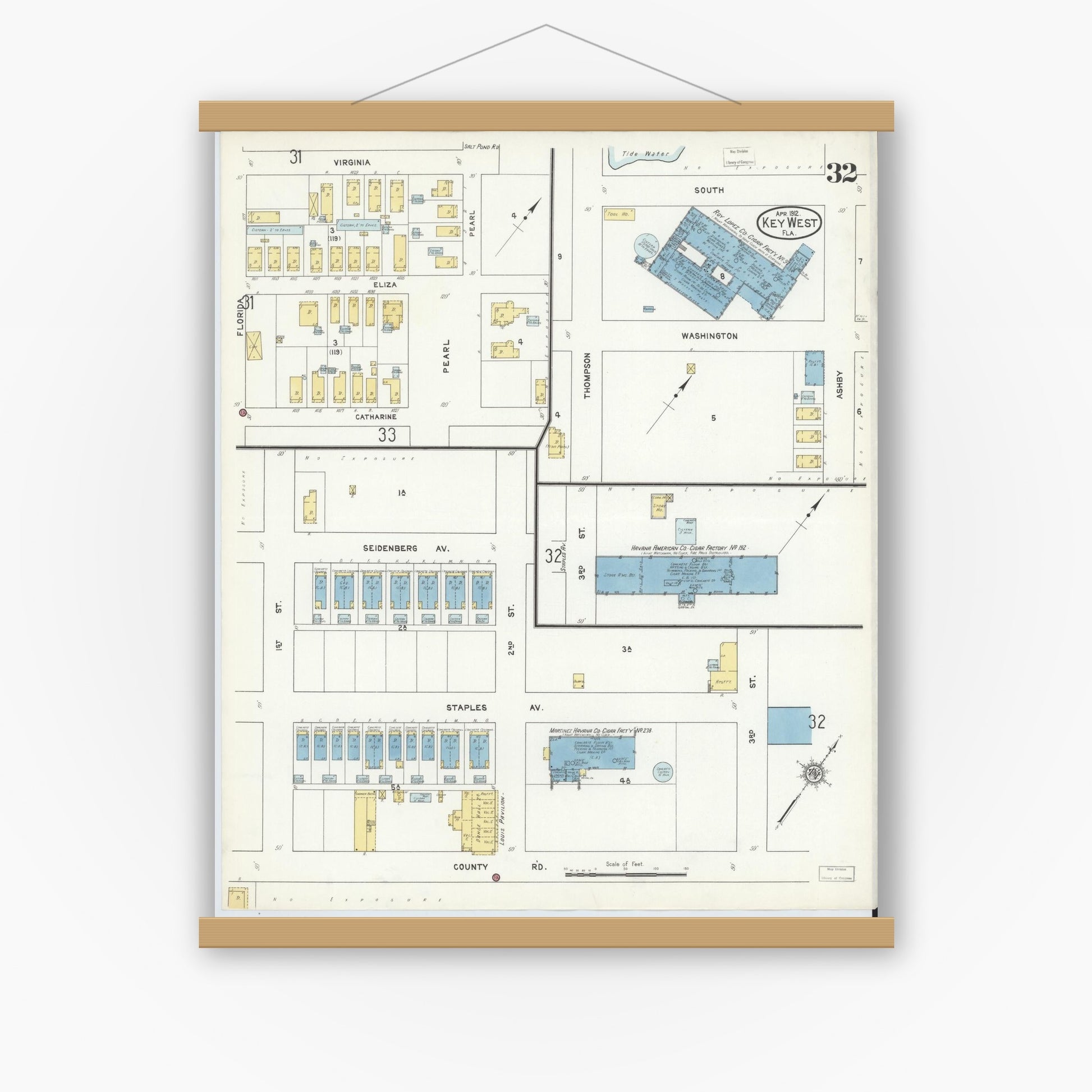 Old map wall art mockup — magnetic wood frame on white wall — Sanborn Fire Insurance Map from Key West, Monroe County, Florida (1912), Sheet #0032