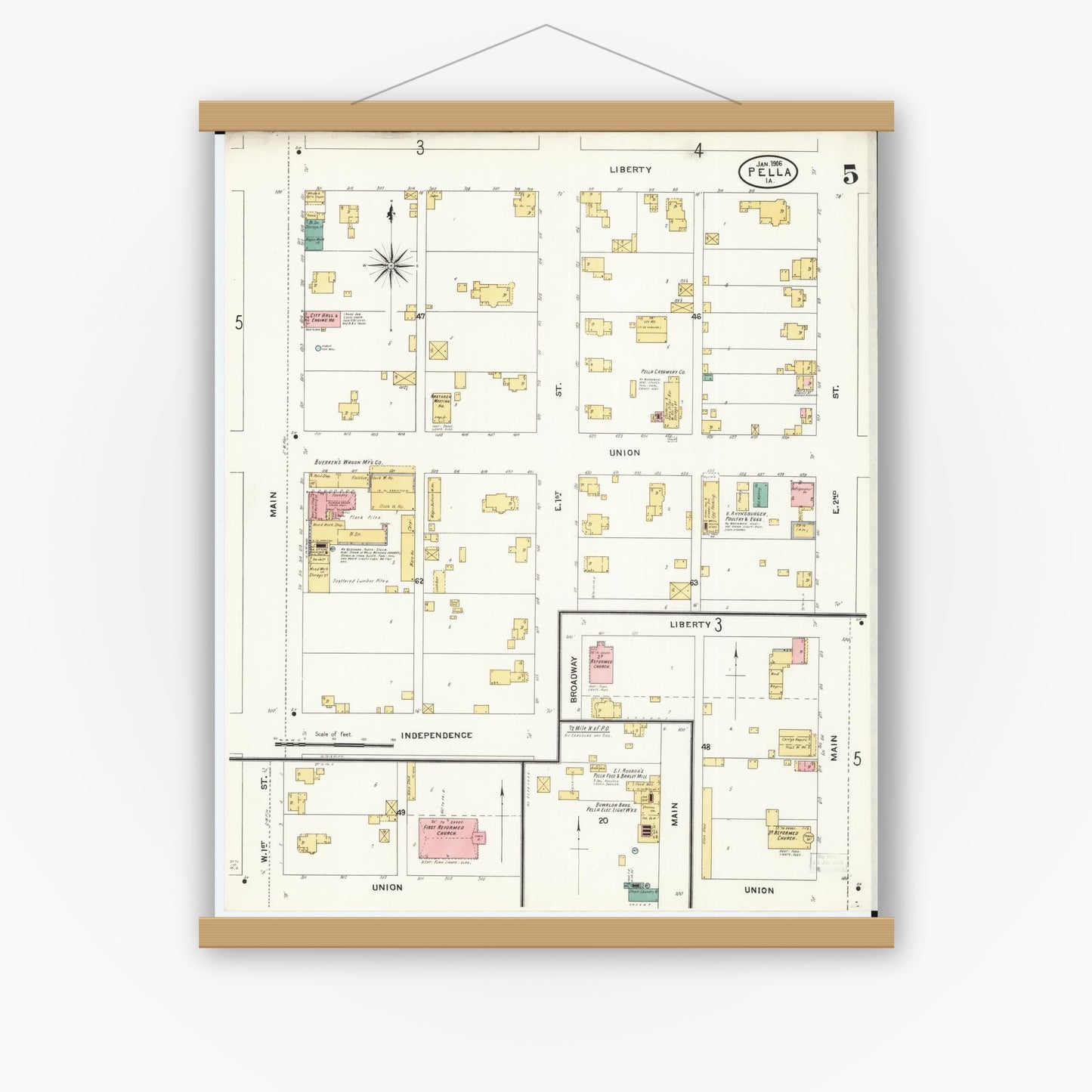Old map wall art mockup — magnetic wood frame on white wall — Sanborn Fire Insurance Map from Pella, Marion County, Iowa (1906), Sheet #0005