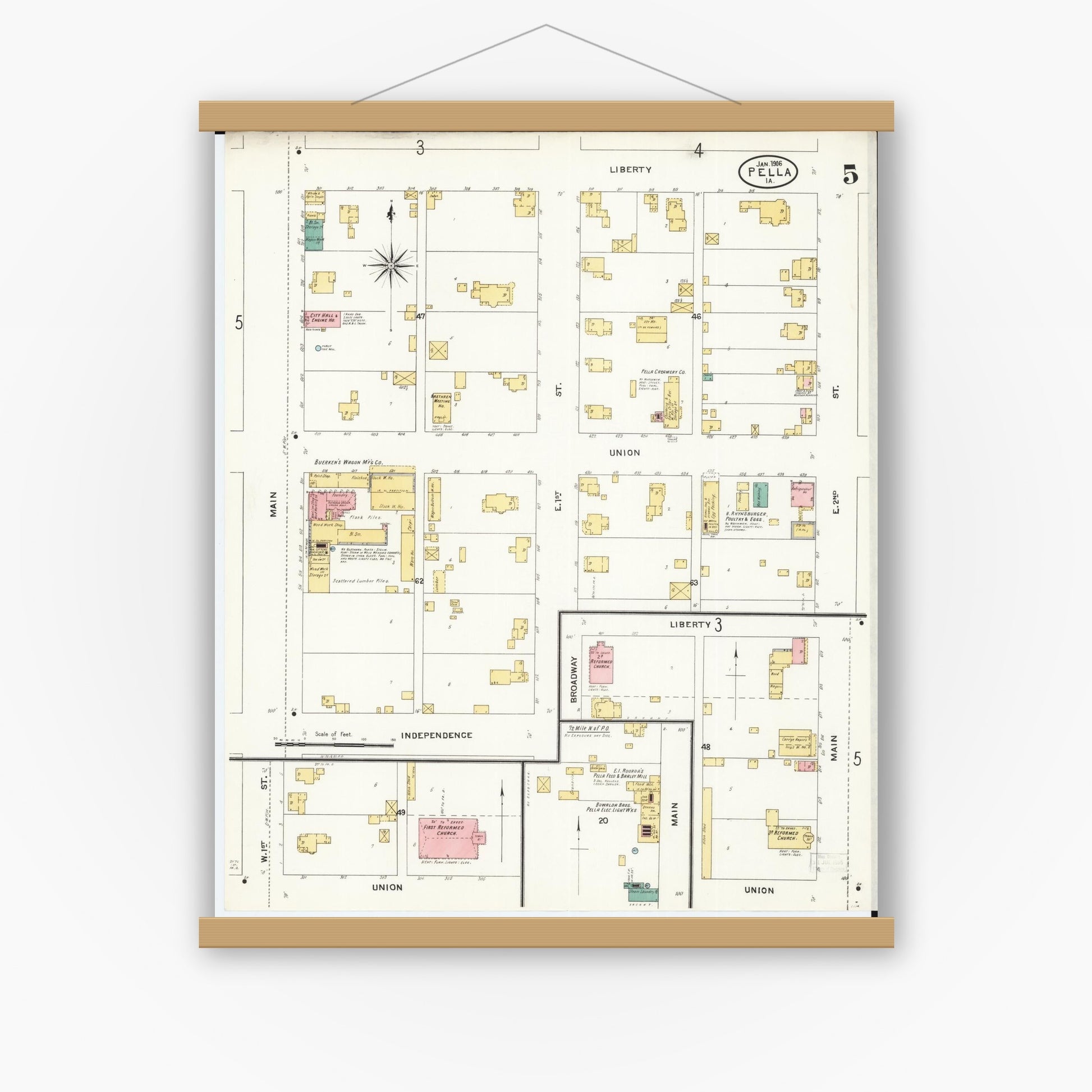 Old map wall art mockup — magnetic wood frame on white wall — Sanborn Fire Insurance Map from Pella, Marion County, Iowa (1906), Sheet #0005