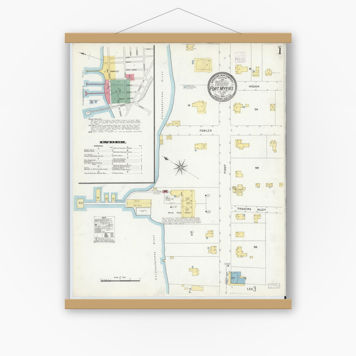Old map wall art mockup — magnetic wood frame on white wall — Sanborn Fire Insurance Map from Fort Myers, Lee County, Florida (1908) - Complete Map Set
