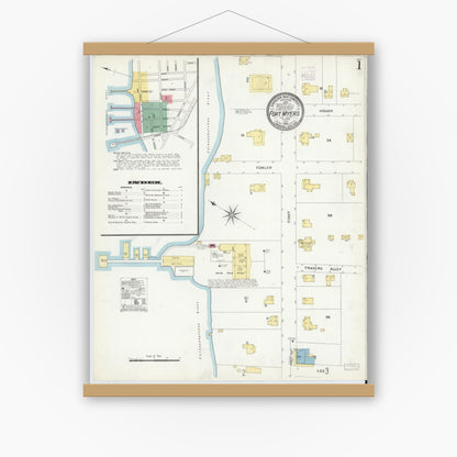 Old map wall art mockup — magnetic wood frame on white wall — Sanborn Fire Insurance Map from Fort Myers, Lee County, Florida (1908) - Complete Map Set
