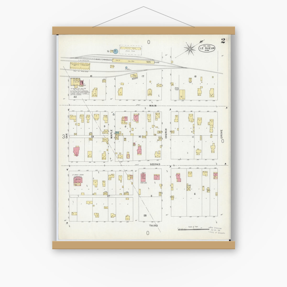 Old map wall art mockup — magnetic wood frame on white wall — Sanborn Fire Insurance Map from Le Sueur, Le Sueur County, Minnesota (1902), Sheet #0002