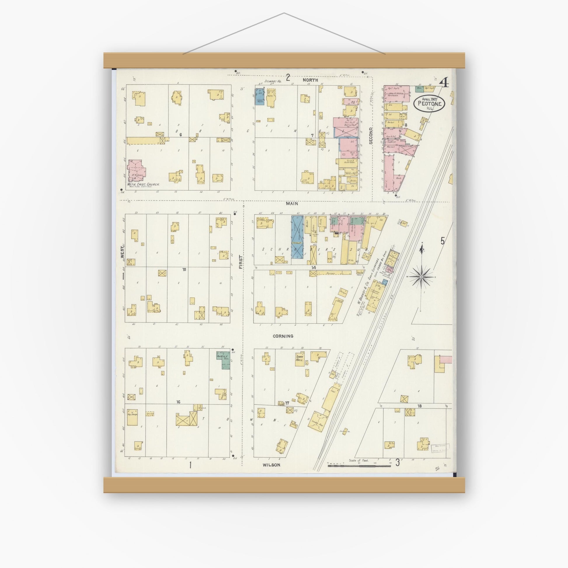 Old map wall art mockup — magnetic wood frame on white wall — Sanborn Fire Insurance Map from Peotone, Will County, Illinois (1907), Sheet #0004