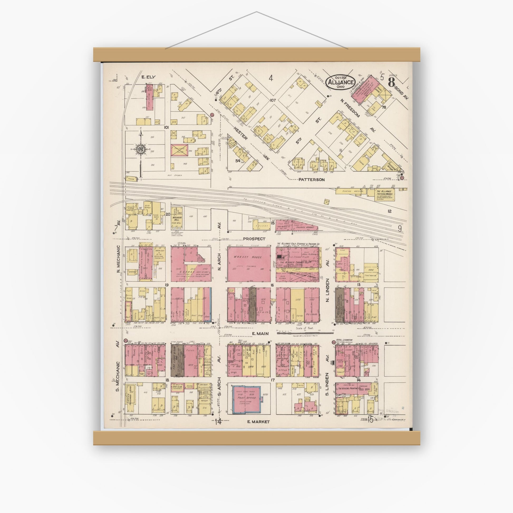 Old map wall art mockup — magnetic wood frame on white wall — Sanborn Fire Insurance Map from Alliance, Stark County, Ohio (1921), Sheet #0008