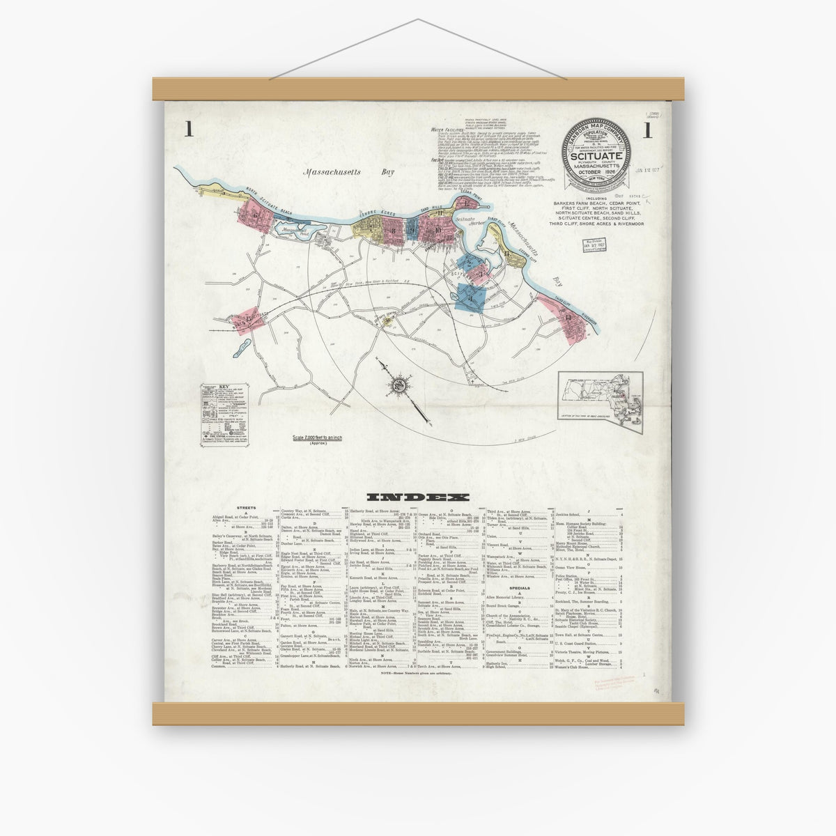 Old map wall art mockup — magnetic wood frame on white wall — Sanborn Fire Insurance Map from Scituate, Plymouth County, Massachusetts (1926), Sheet #0001