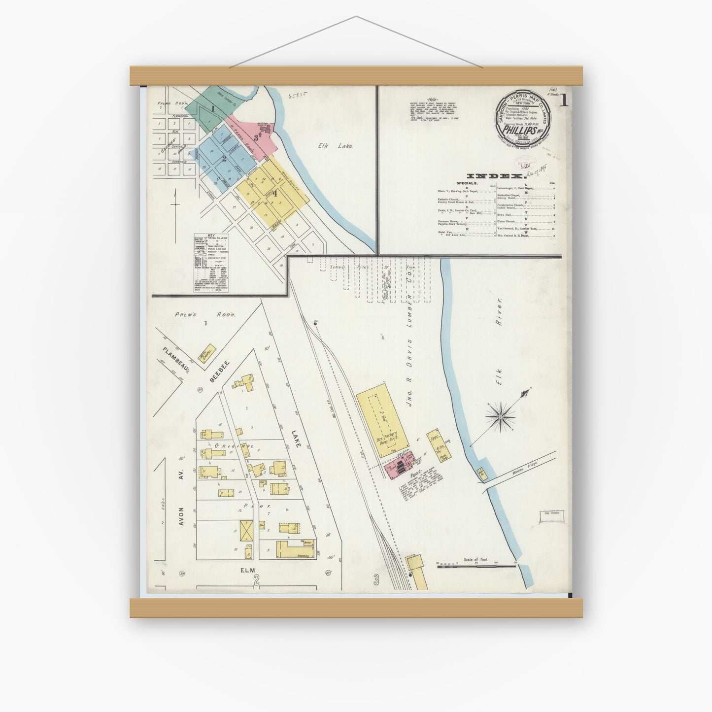 Old map wall art mockup — magnetic wood frame on white wall — Sanborn Fire Insurance Map from Phillips, Price County, Wisconsin (1895) - Complete Map Set