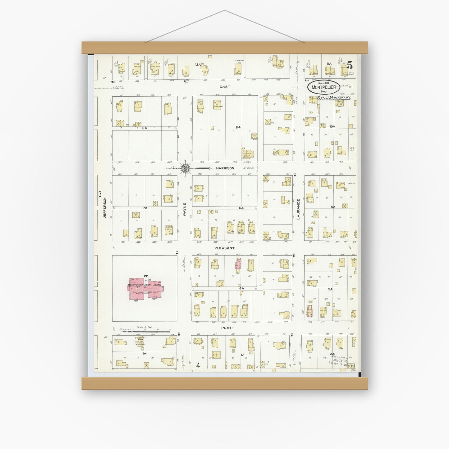 Old map wall art mockup — magnetic wood frame on white wall — Sanborn Fire Insurance Map from Montpelier, Williams County, Ohio (1910), Sheet #0005
