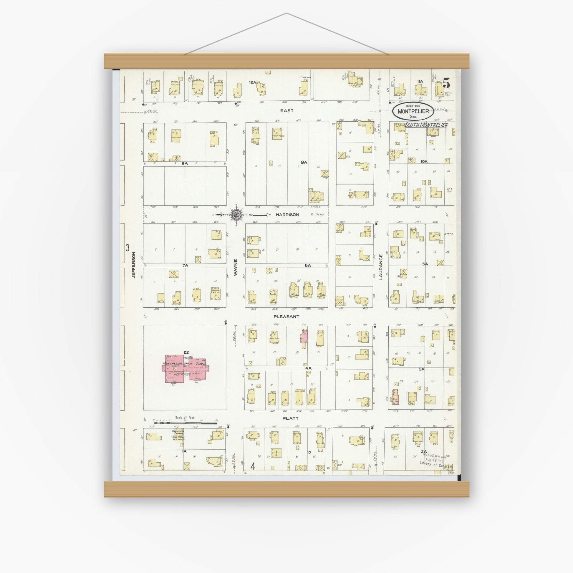 Old map wall art mockup — magnetic wood frame on white wall — Sanborn Fire Insurance Map from Montpelier, Williams County, Ohio (1910), Sheet #0005