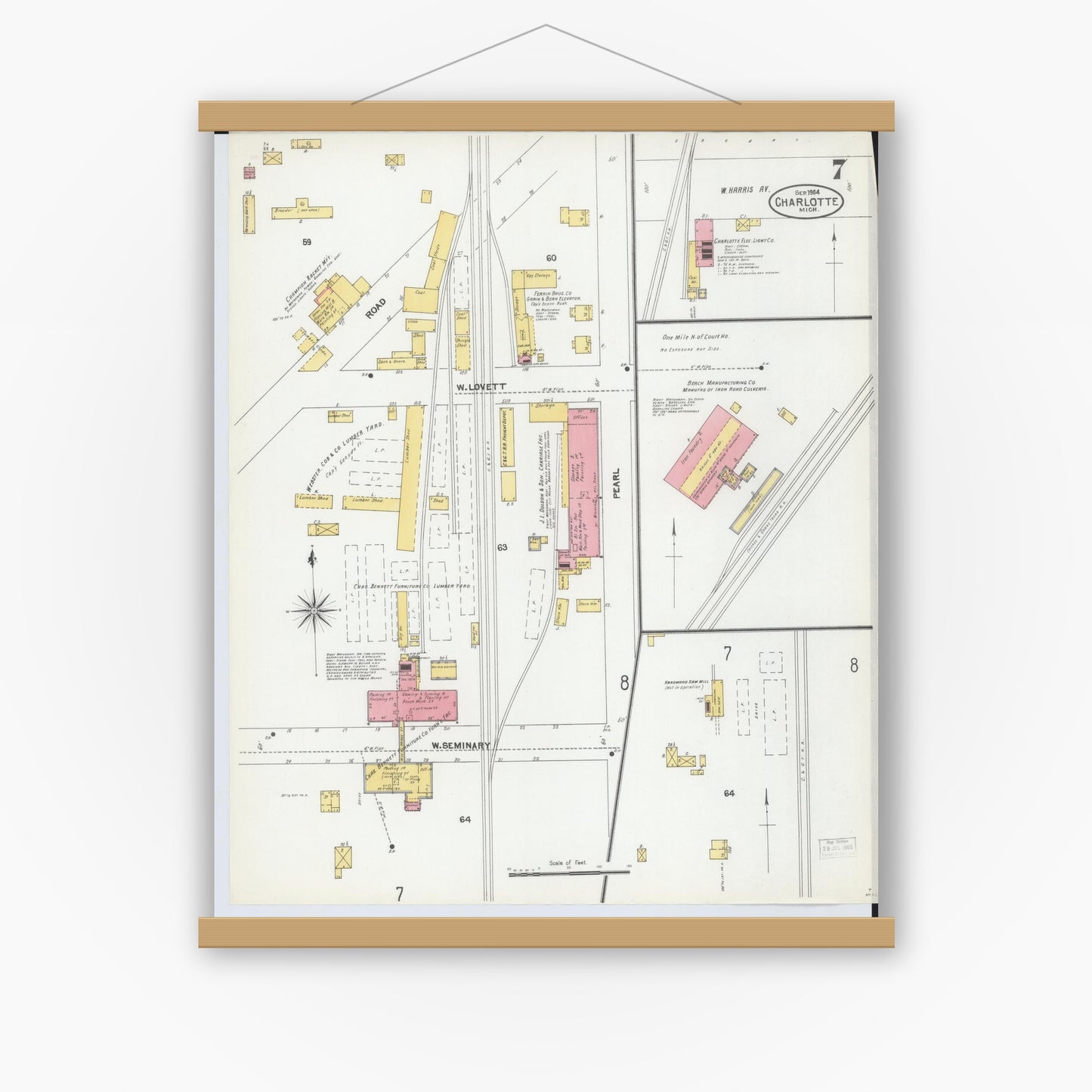 Old map wall art mockup — magnetic wood frame on white wall — Sanborn Fire Insurance Map from Charlotte, Eaton County, Michigan (1904), Sheet #0007