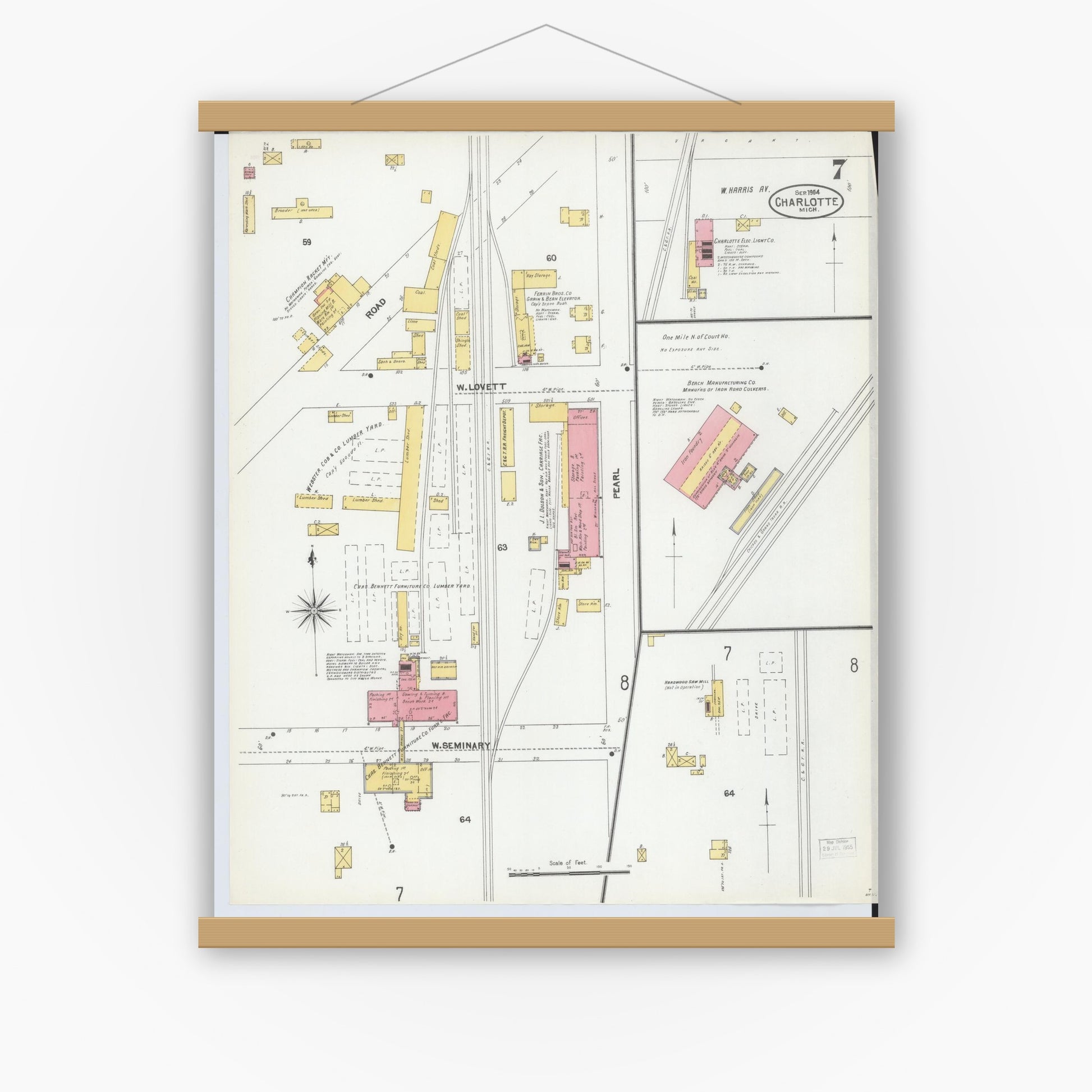 Old map wall art mockup — magnetic wood frame on white wall — Sanborn Fire Insurance Map from Charlotte, Eaton County, Michigan (1904), Sheet #0007