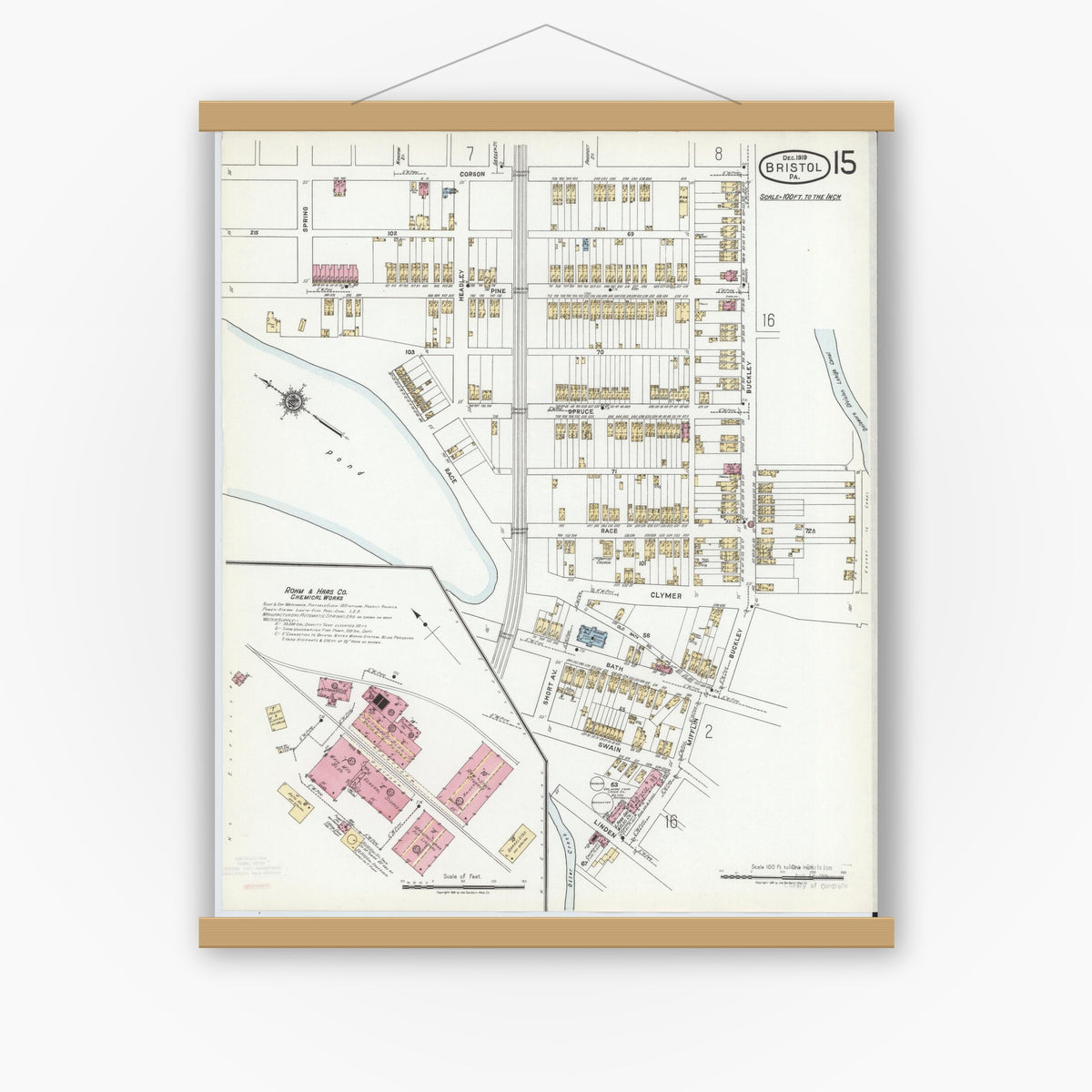 Old map wall art mockup — magnetic wood frame on white wall — Sanborn Fire Insurance Map from Bristol, Bucks County, Pennsylvania (1927), Sheet #0015