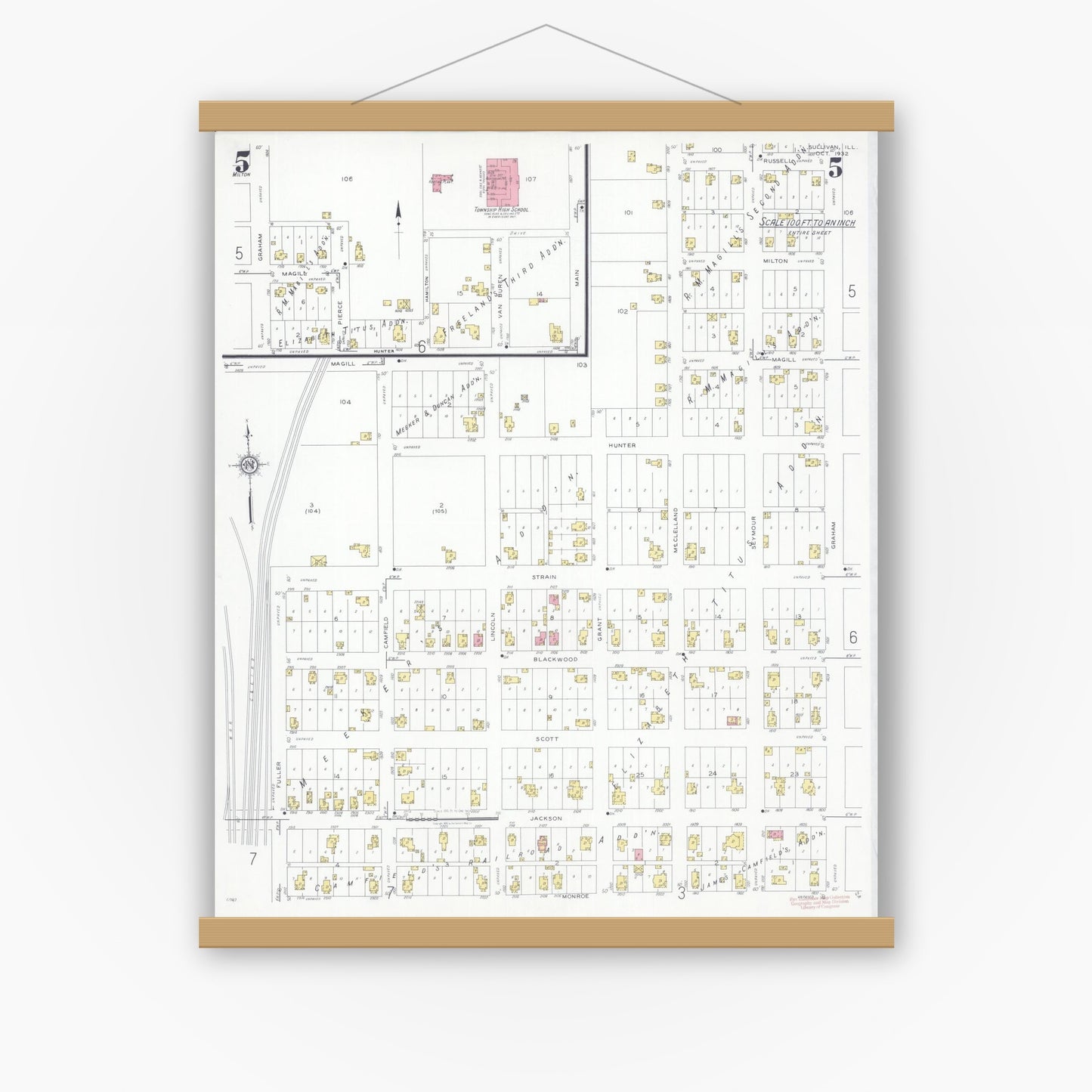 Old map wall art mockup — magnetic wood frame on white wall — Sanborn Fire Insurance Map from Sullivan, Moultrie County, Illinois (1932), Sheet #0005