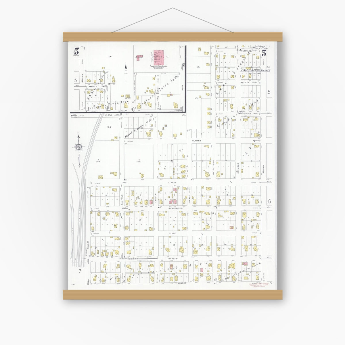 Old map wall art mockup — magnetic wood frame on white wall — Sanborn Fire Insurance Map from Sullivan, Moultrie County, Illinois (1932), Sheet #0005